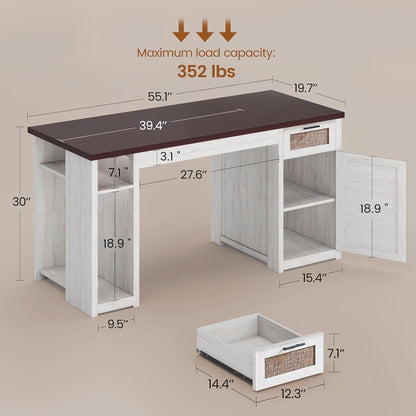Bureau de direction style farmhouse, bureau de travail à domicile, avec tiroir à dossiers, support pour écran et prise de courant.