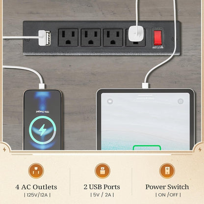 Bureau de direction style farmhouse, bureau de travail à domicile, avec tiroir à dossiers, support pour écran et prise de courant.