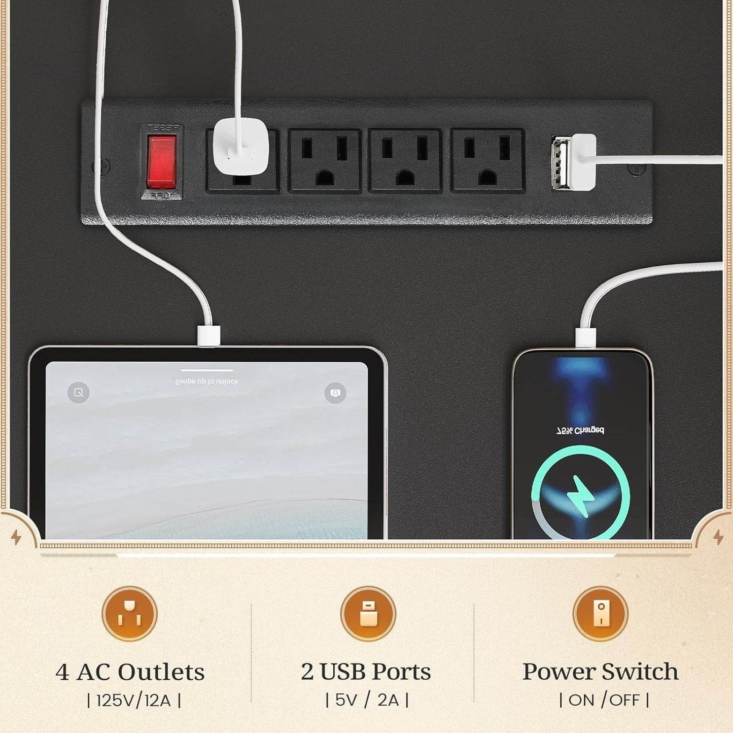 Bureau de direction style farmhouse, bureau de travail à domicile, avec tiroir à dossiers, support pour écran et prise de courant.