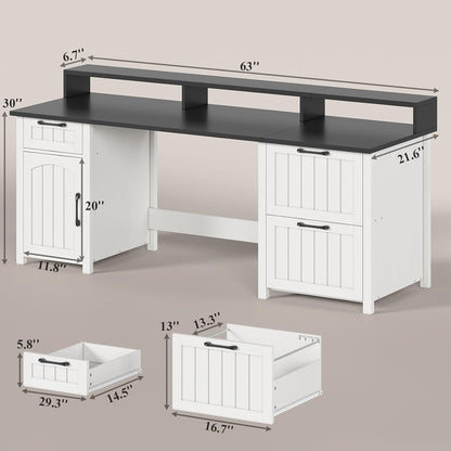 Bureau de direction style farmhouse, bureau de travail à domicile, avec tiroir à dossiers, support pour écran et prise de courant.