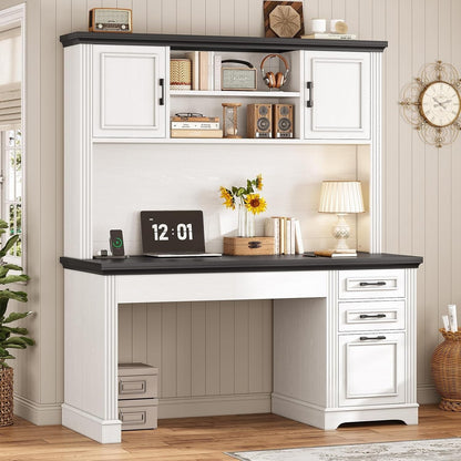 Bureau de direction style farmhouse, bureau de travail à domicile, avec tiroir à dossiers, support pour écran et prise de courant.