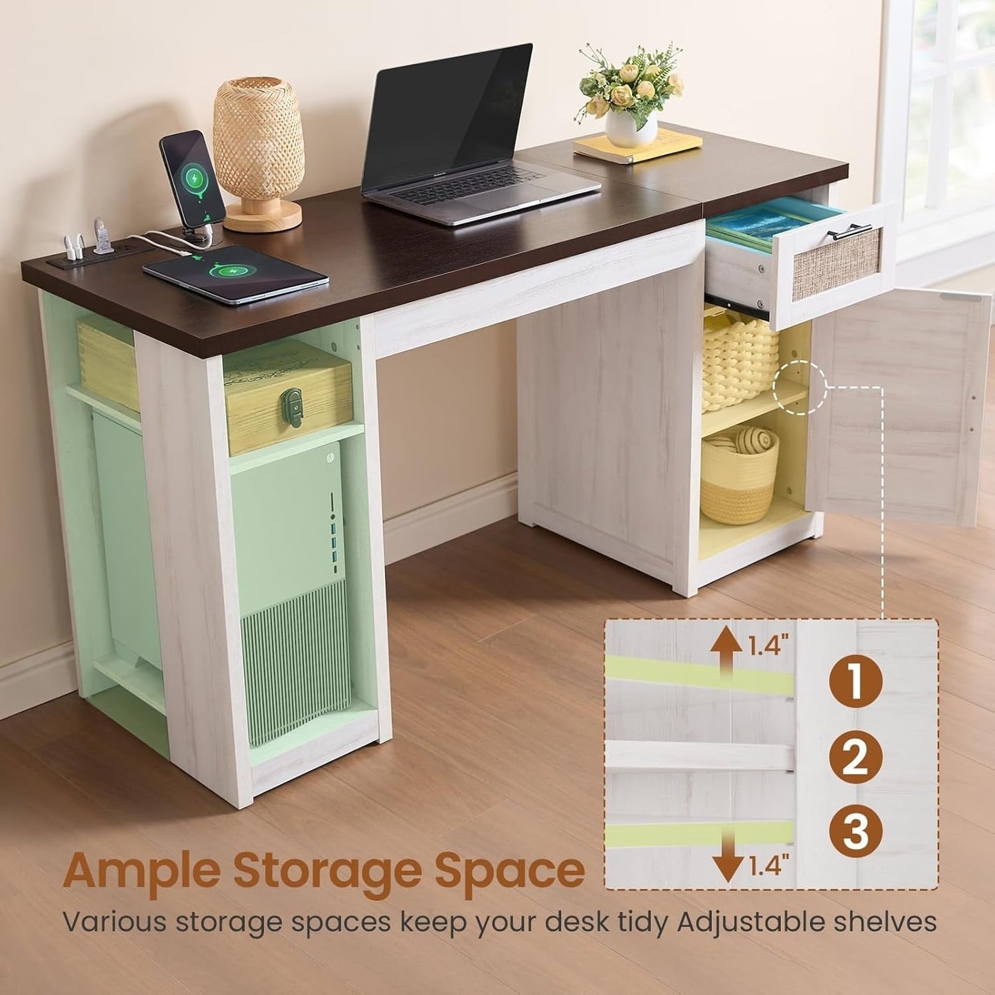 Bureau de direction style farmhouse, bureau de travail à domicile, avec tiroir à dossiers, support pour écran et prise de courant.