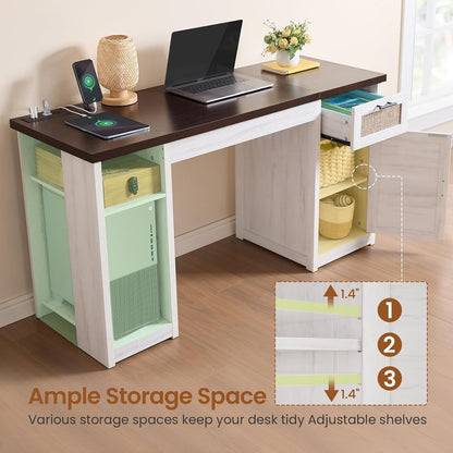 Bureau de direction style farmhouse, bureau de travail à domicile, avec tiroir à dossiers, support pour écran et prise de courant.