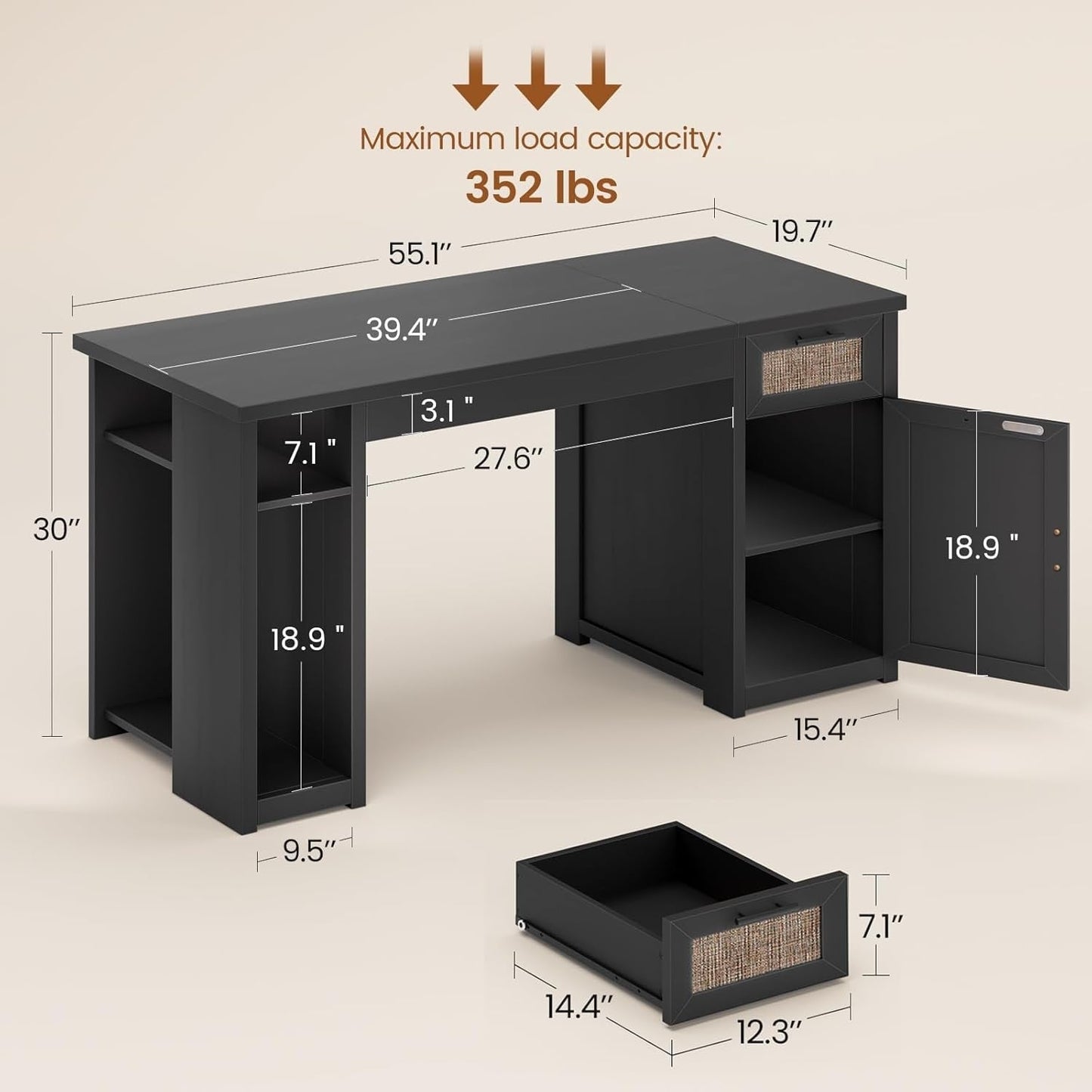 Bureau de direction style farmhouse, bureau de travail à domicile, avec tiroir à dossiers, support pour écran et prise de courant.