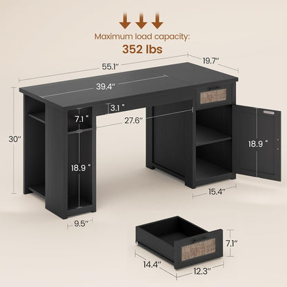 Bureau de direction style farmhouse, bureau de travail à domicile, avec tiroir à dossiers, support pour écran et prise de courant.