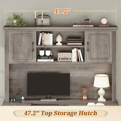 Bureau de direction style farmhouse, bureau de travail à domicile, avec tiroir à dossiers, support pour écran et prise de courant.