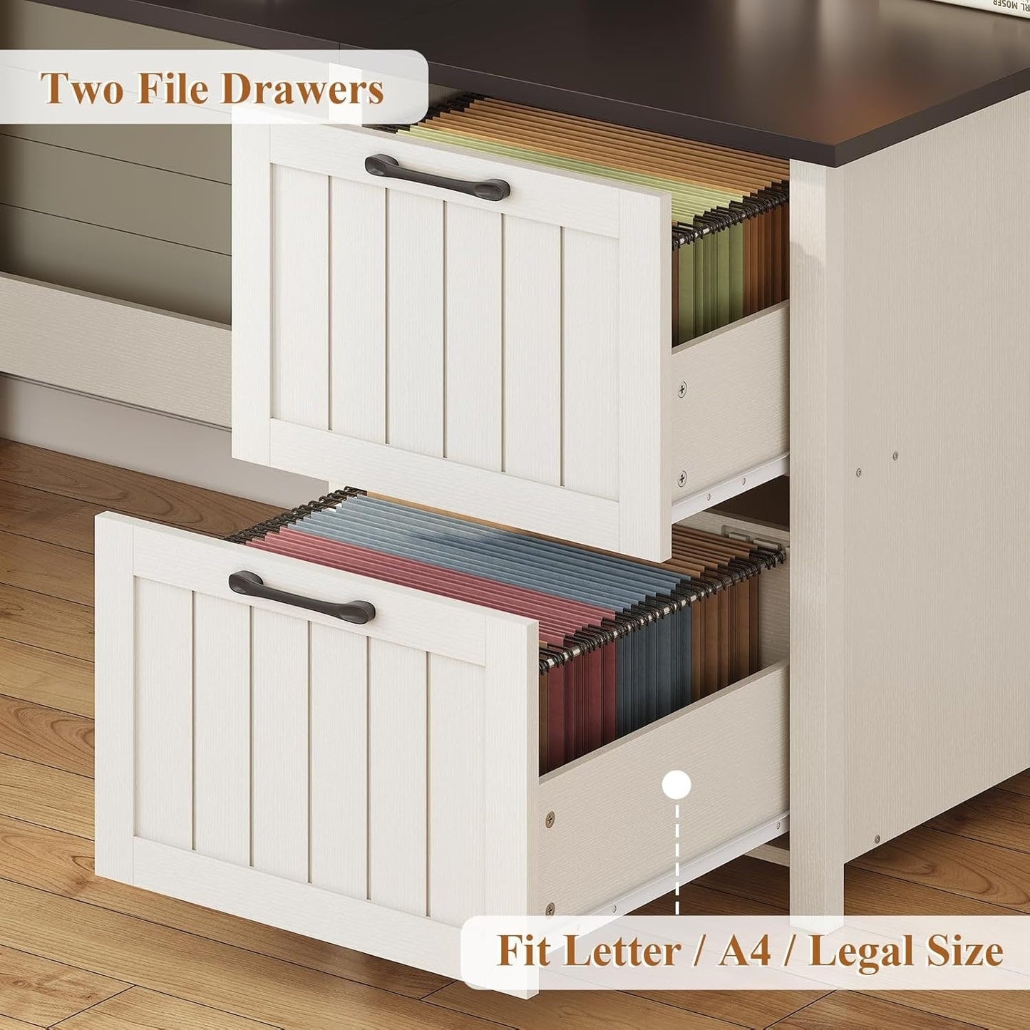 Bureau de direction style farmhouse, bureau de travail à domicile, avec tiroir à dossiers, support pour écran et prise de courant.