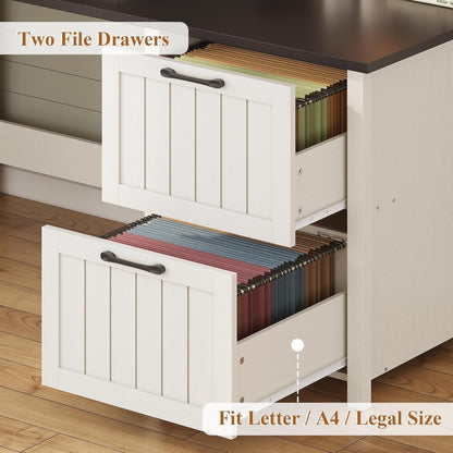 Bureau de direction style farmhouse, bureau de travail à domicile, avec tiroir à dossiers, support pour écran et prise de courant.