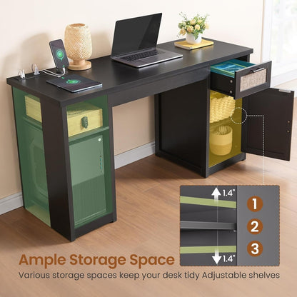 Bureau de direction style farmhouse, bureau de travail à domicile, avec tiroir à dossiers, support pour écran et prise de courant.