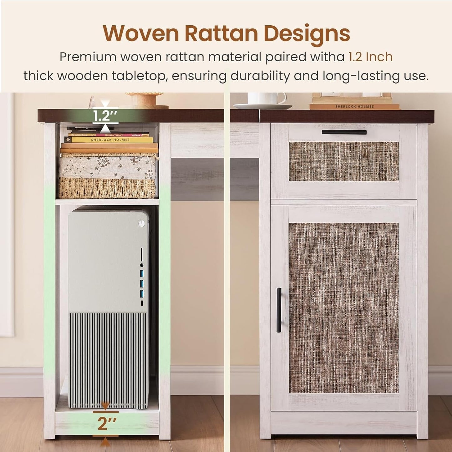 Bureau de direction style farmhouse, bureau de travail à domicile, avec tiroir à dossiers, support pour écran et prise de courant.