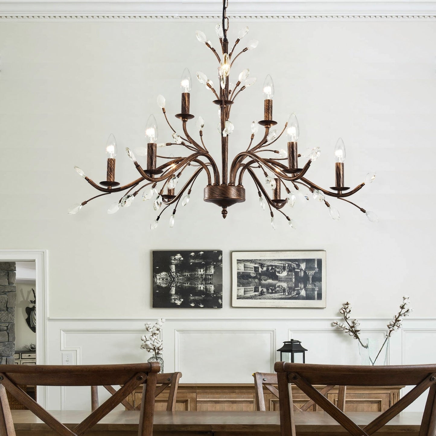 Suspension lumineuse en forme de bougie, style branche d'arbre rétro, avec cristaux, pour maison de campagne