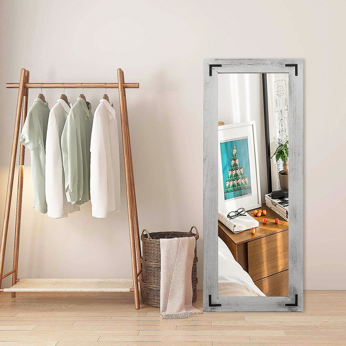 Grand miroir mural en bois à cadre rustique style farmhouse - 65x24