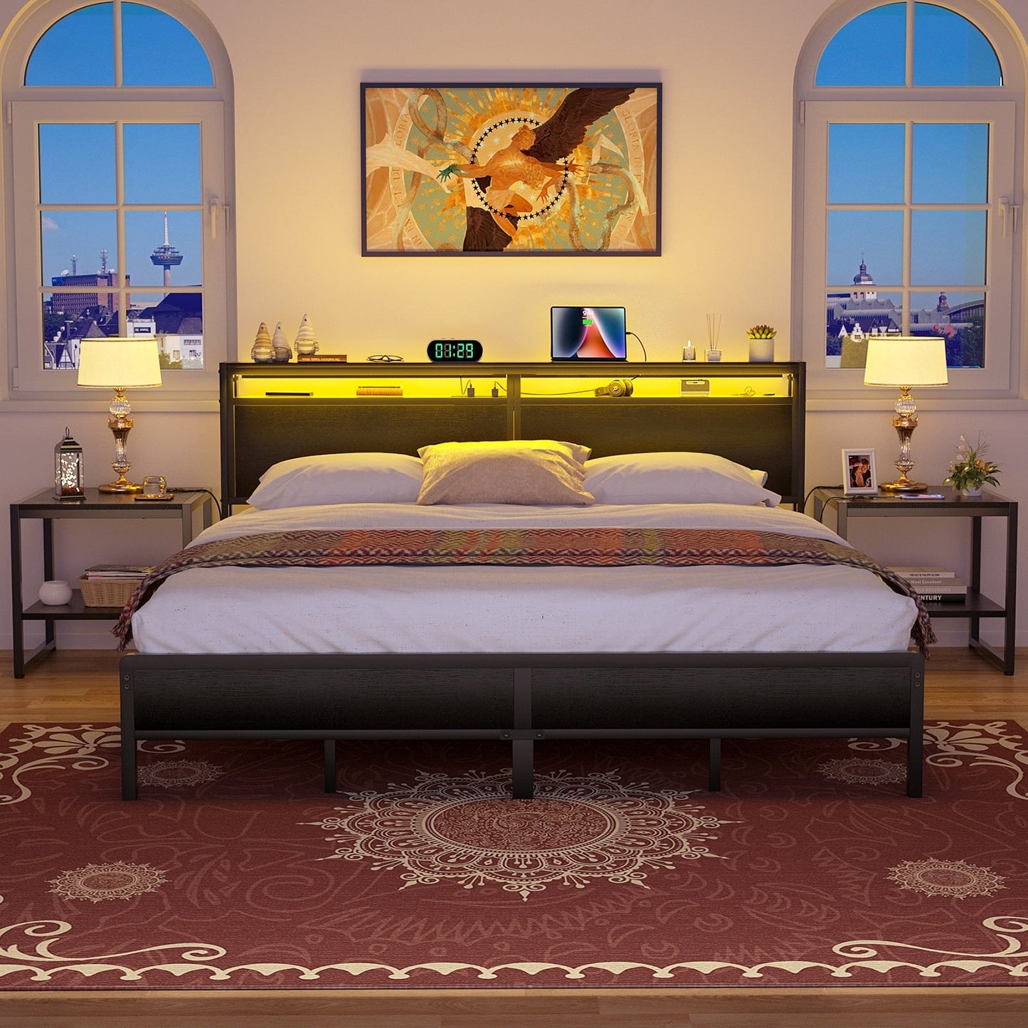 Cadre de lit à plateforme en bois de style farmhouse avec station de recharge et lumières LED