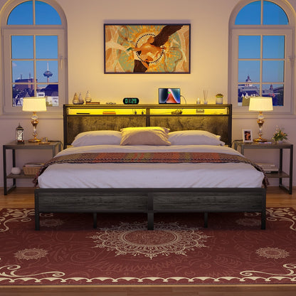 Cadre de lit à plateforme en bois de style farmhouse avec station de recharge et lumières LED