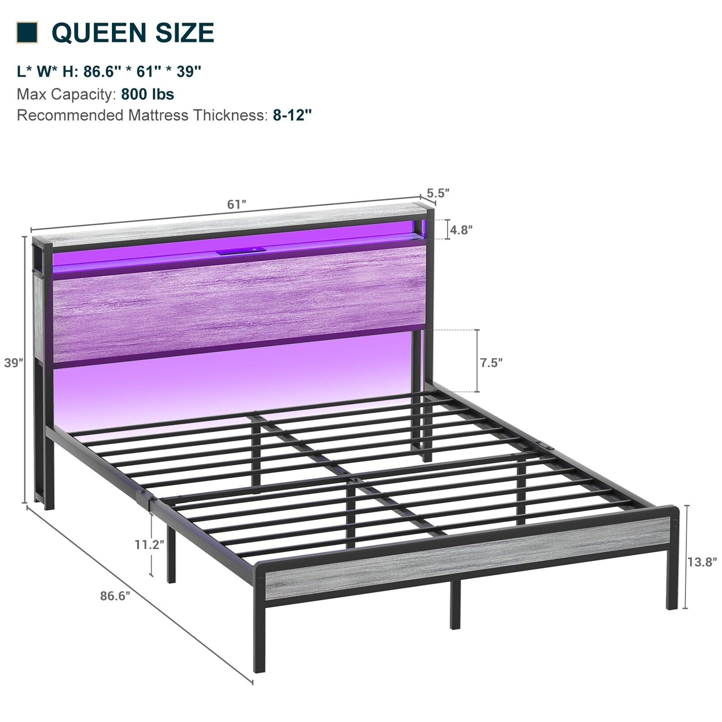 Cadre de lit à plateforme en bois de style farmhouse avec station de recharge et lumières LED