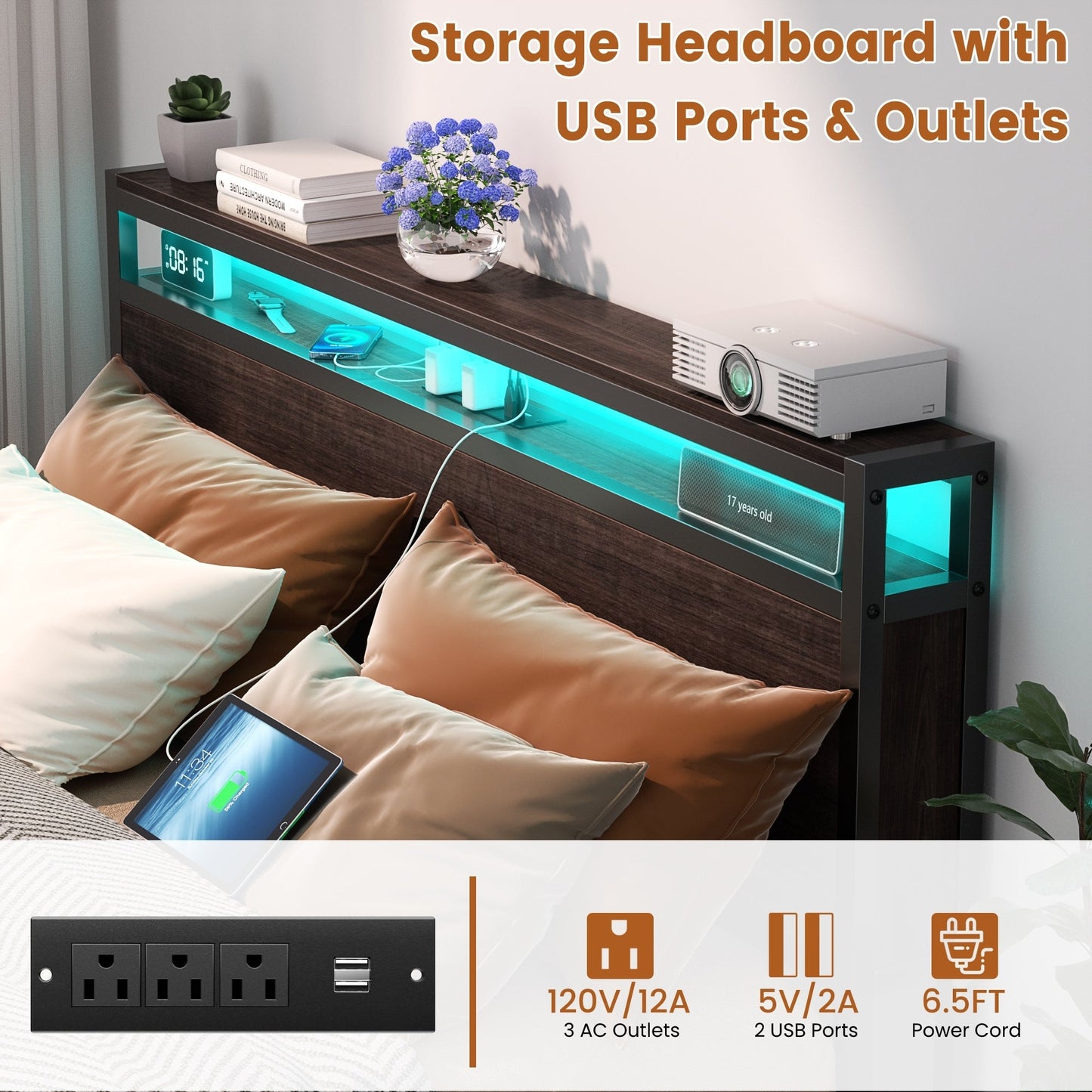 Cadre de lit à plateforme en bois de style farmhouse avec station de recharge et lumières LED