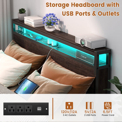 Cadre de lit à plateforme en bois de style farmhouse avec station de recharge et lumières LED