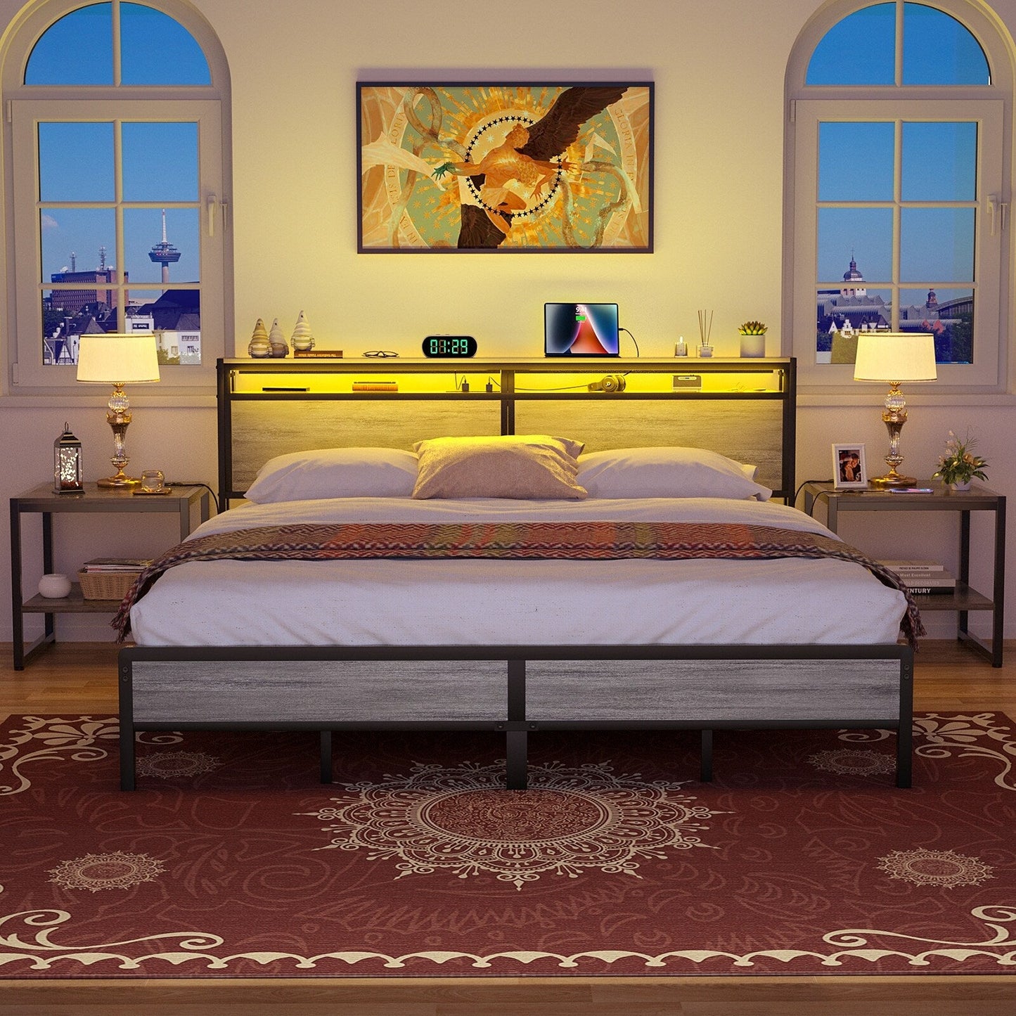 Cadre de lit à plateforme en bois de style farmhouse avec station de recharge et lumières LED