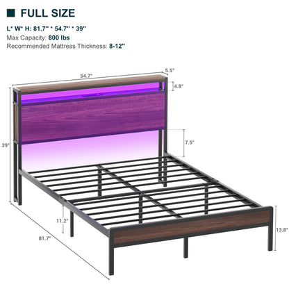 Cadre de lit à plateforme en bois de style farmhouse avec station de recharge et lumières LED
