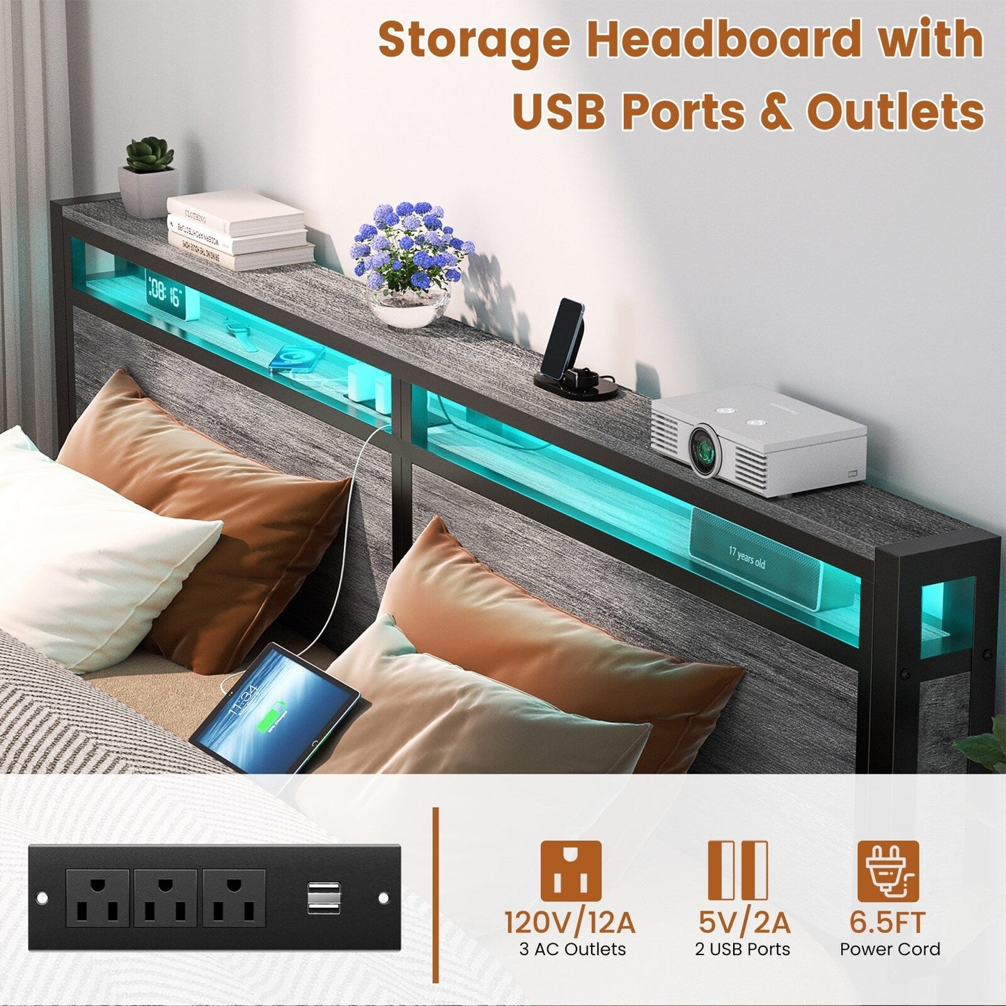 Cadre de lit à plateforme en bois de style farmhouse avec station de recharge et lumières LED