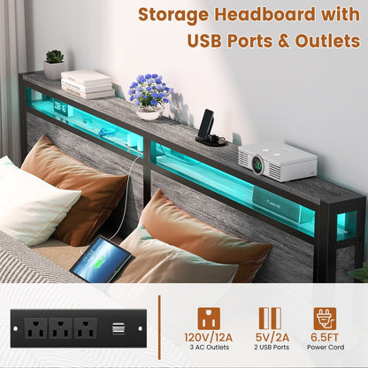 Cadre de lit à plateforme en bois de style farmhouse avec station de recharge et lumières LED