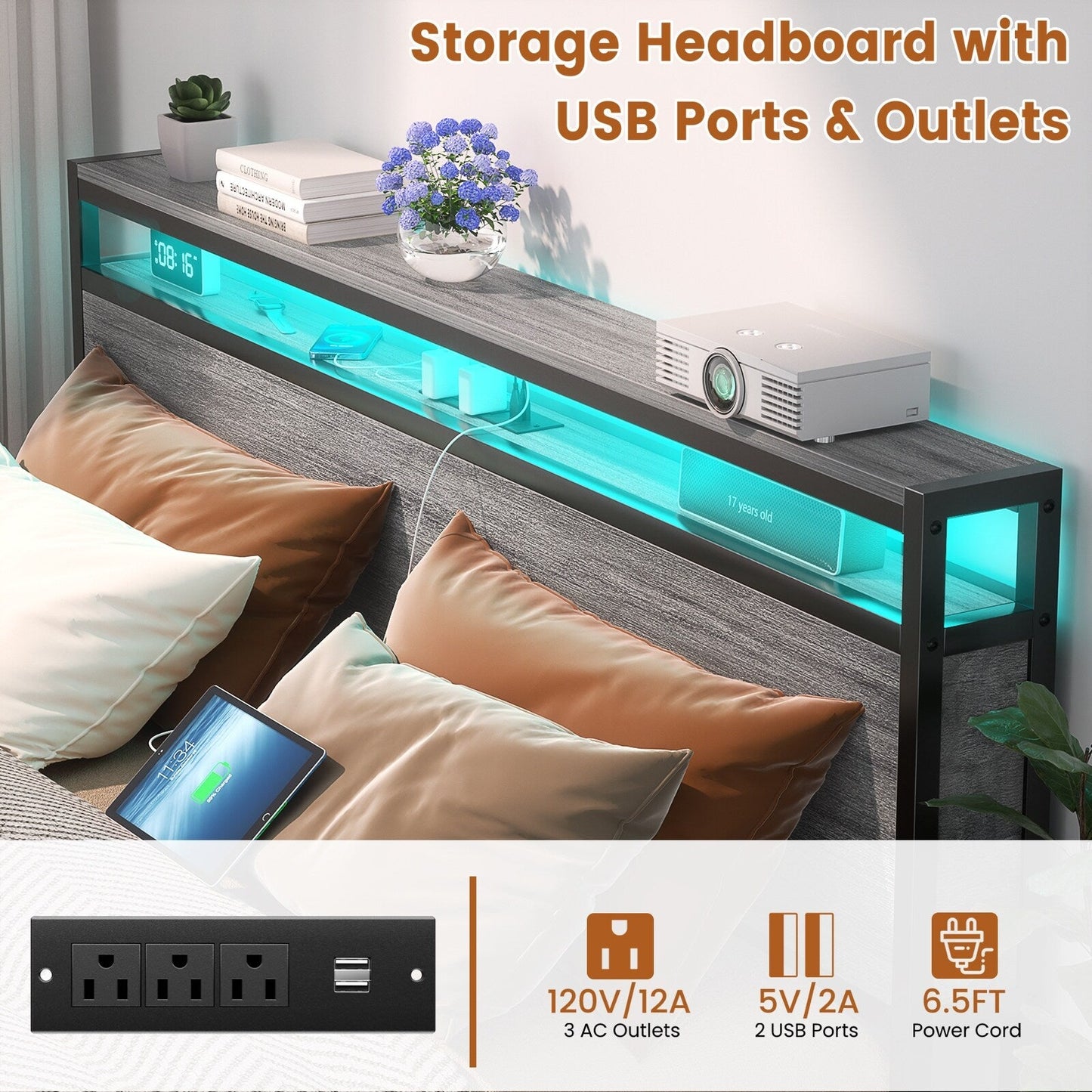 Cadre de lit à plateforme en bois de style farmhouse avec station de recharge et lumières LED