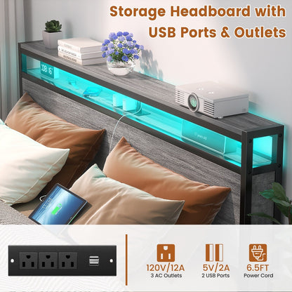 Cadre de lit à plateforme en bois de style farmhouse avec station de recharge et lumières LED