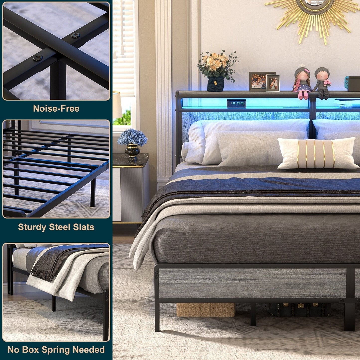 Cadre de lit à plateforme en bois de style farmhouse avec station de recharge et lumières LED