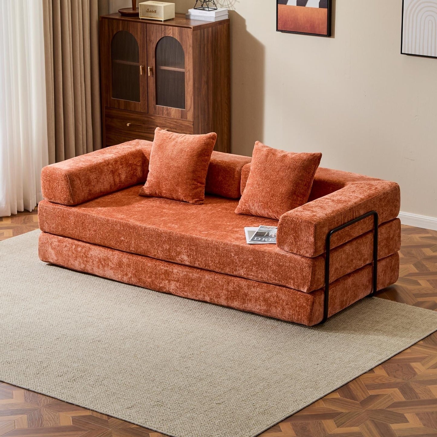 Floor Sofa Bed Convertible with Pillow Back Chenille Fabric for Living Room Bedroom