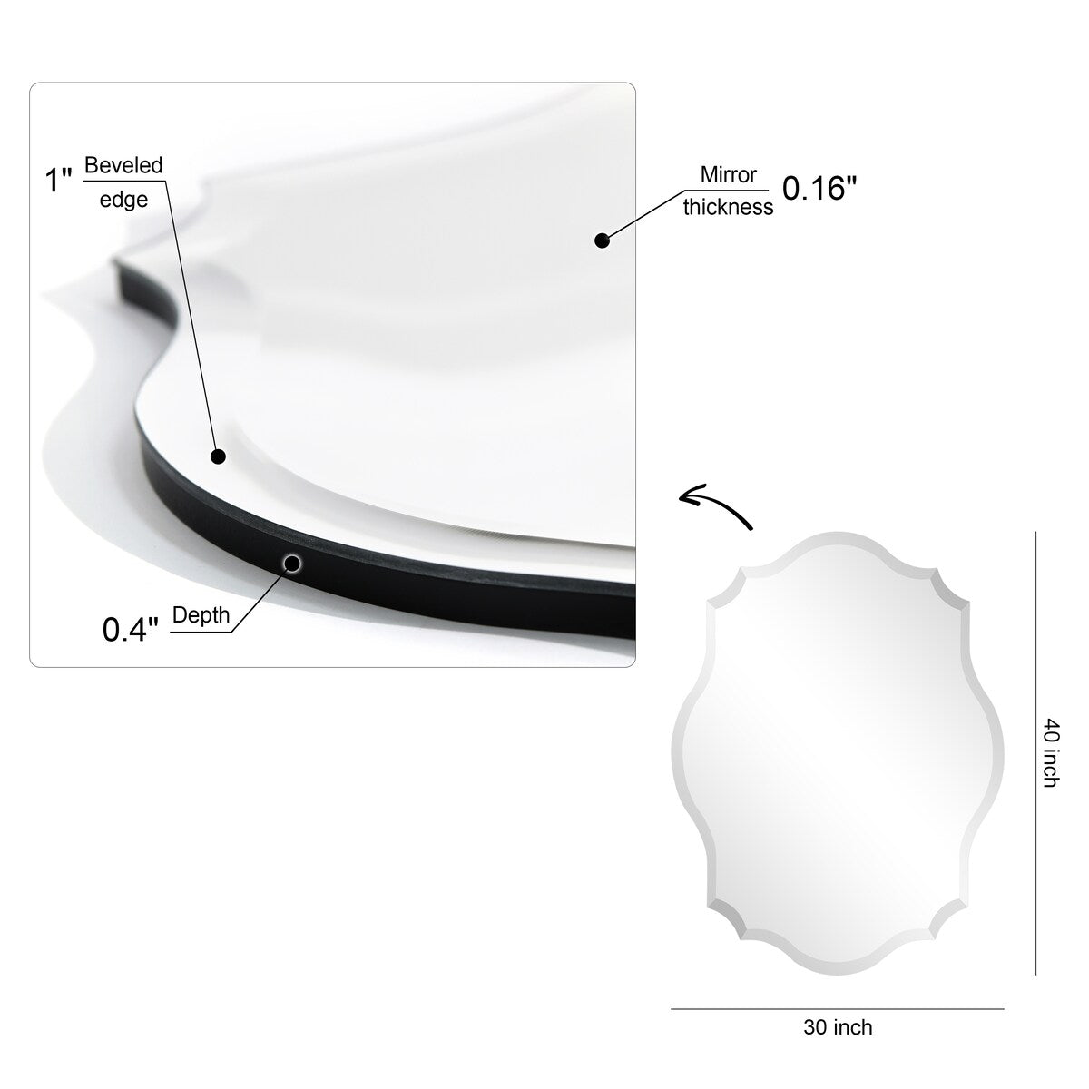 Miroir mural rectangulaire sans cadre, biseauté, élégant et à bords festonnés