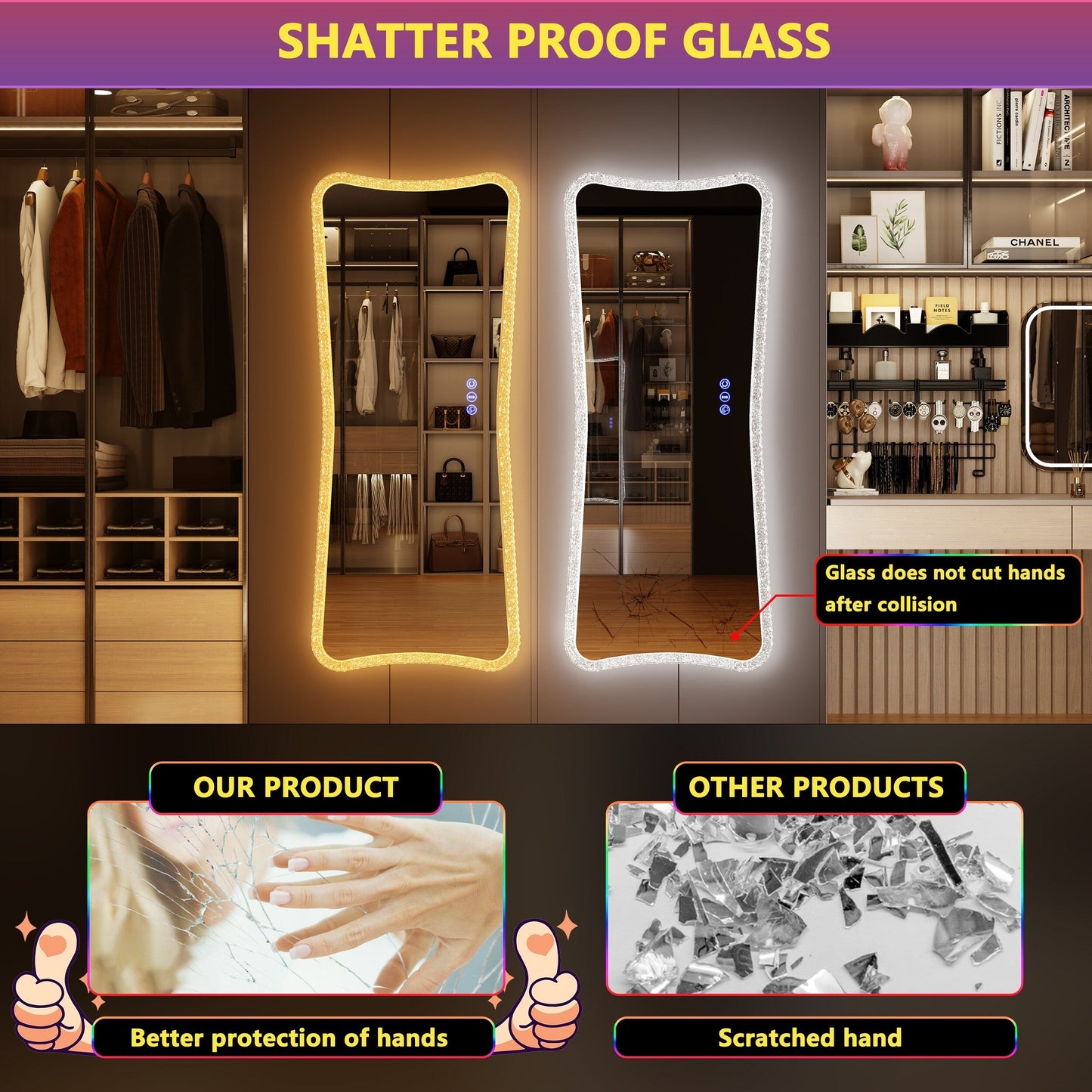 Grand miroir avec éclairage RVB - Blanc