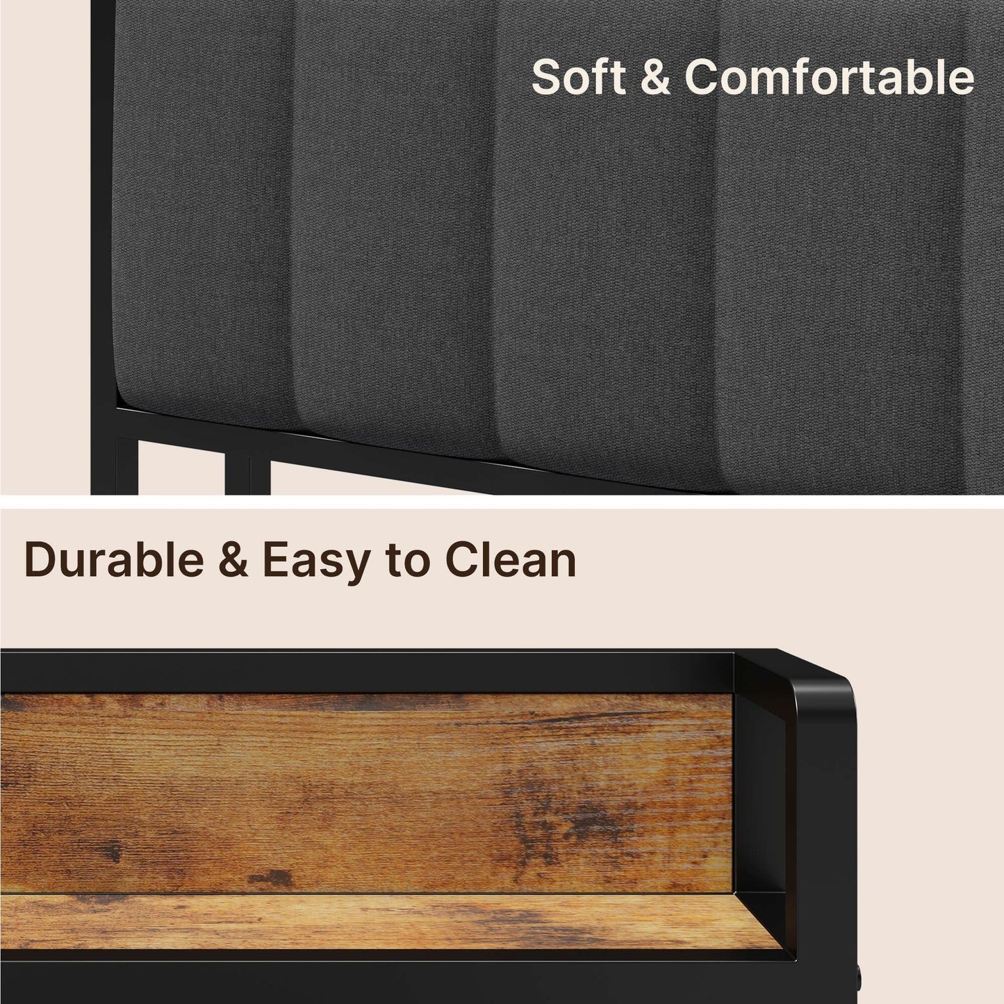 Cadre de lit à plateforme en métal avec tête de lit rembourrée et rangement, disponible en tailles Twin / Double / Queen / King.