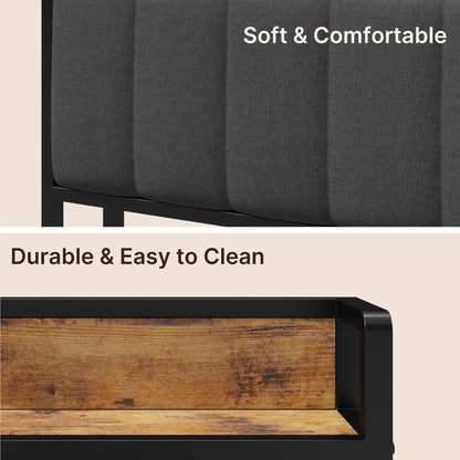 Cadre de lit à plateforme en métal avec tête de lit rembourrée et rangement, disponible en tailles Twin / Double / Queen / King.