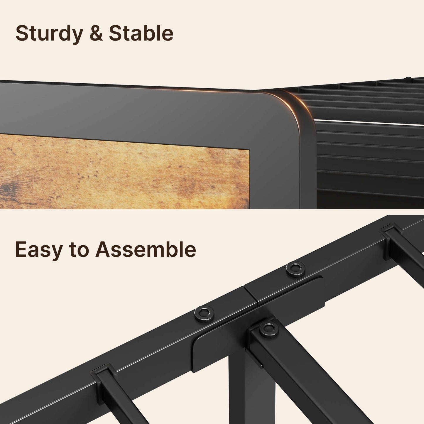 Cadre de lit à plateforme en métal avec tête de lit rembourrée et rangement, disponible en tailles Twin / Double / Queen / King.