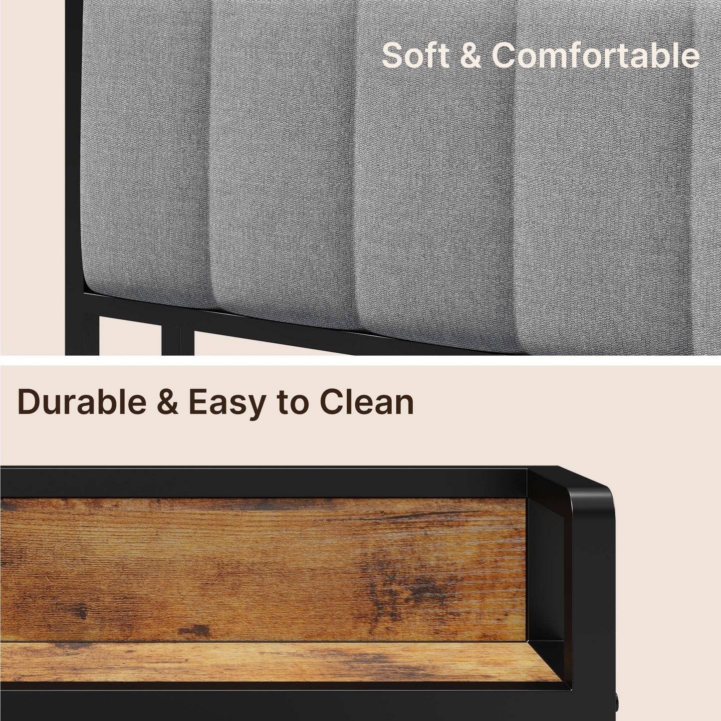 Cadre de lit à plateforme en métal avec tête de lit rembourrée et rangement, disponible en tailles Twin / Double / Queen / King.