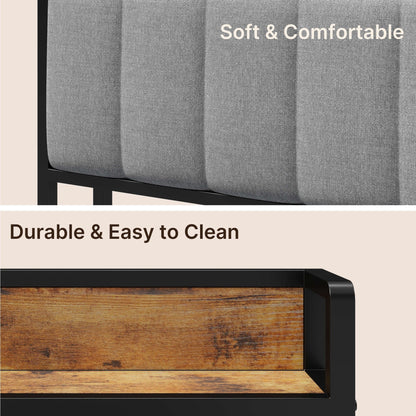 Cadre de lit à plateforme en métal avec tête de lit rembourrée et rangement, disponible en tailles Twin / Double / Queen / King.