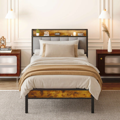 Cadre de lit à plateforme en métal avec tête de lit rembourrée et rangement, disponible en tailles Twin / Double / Queen / King.