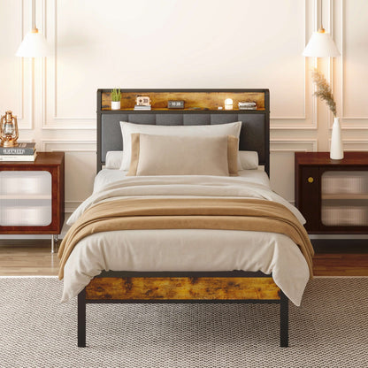 Cadre de lit à plateforme en métal avec tête de lit rembourrée et rangement, disponible en tailles Twin / Double / Queen / King.