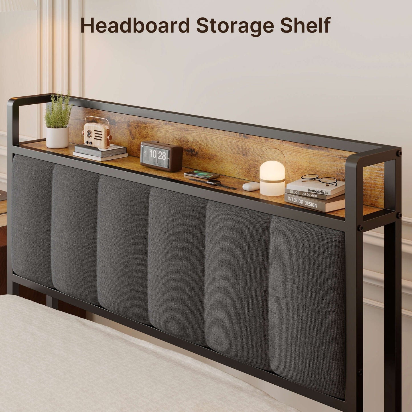 Cadre de lit à plateforme en métal avec tête de lit rembourrée et rangement, disponible en tailles Twin / Double / Queen / King.