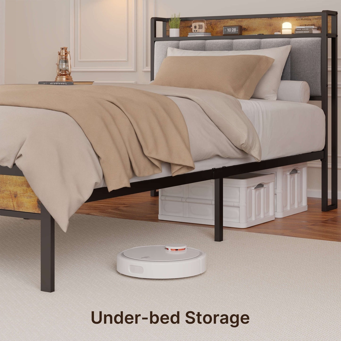 Cadre de lit à plateforme en métal avec tête de lit rembourrée et rangement, disponible en tailles Twin / Double / Queen / King.