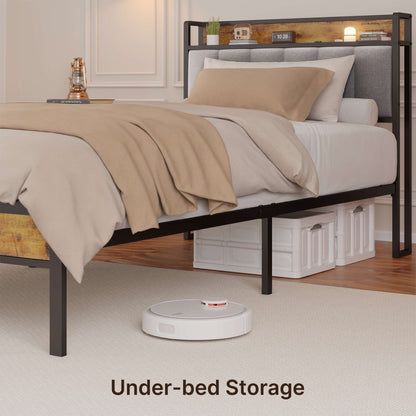 Cadre de lit à plateforme en métal avec tête de lit rembourrée et rangement, disponible en tailles Twin / Double / Queen / King.