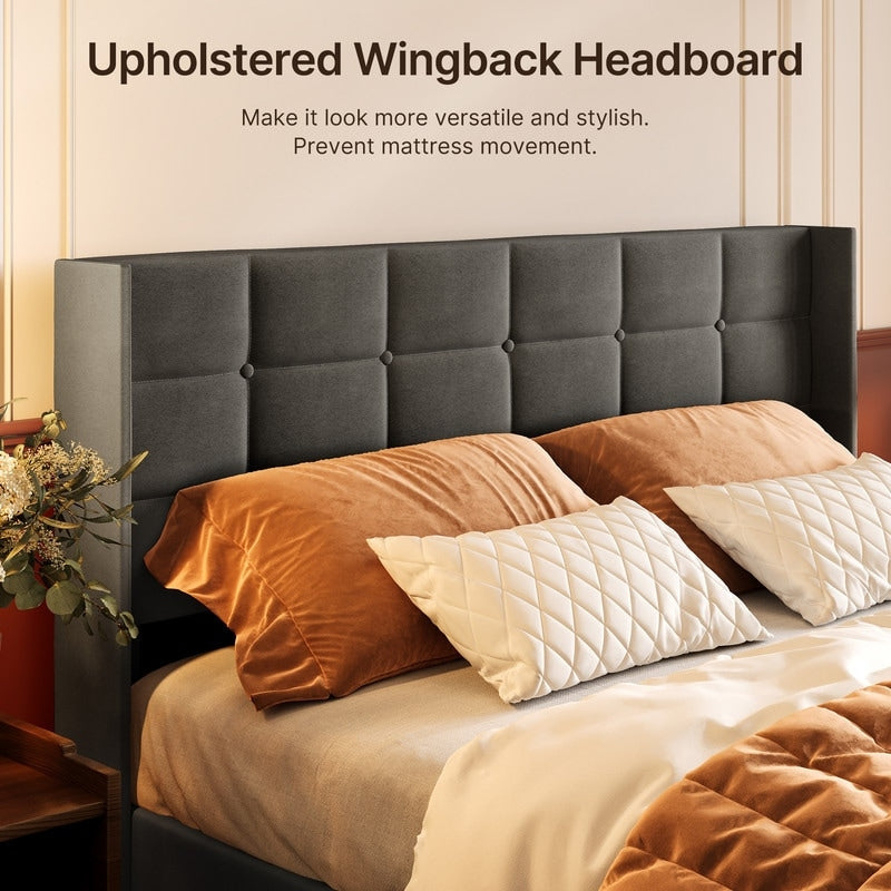 Cadre de lit coffre relevable, cadre de lit plateforme capitonné avec système de rangement hydraulique et tête de lit.