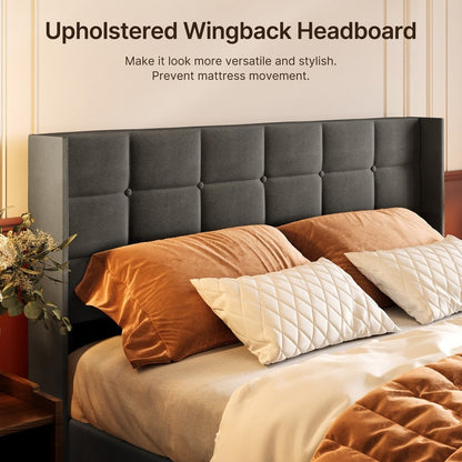 Cadre de lit coffre relevable, cadre de lit plateforme capitonné avec système de rangement hydraulique et tête de lit.