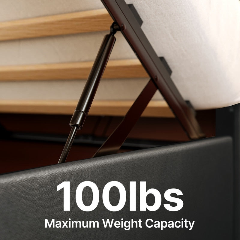 Cadre de lit coffre relevable, cadre de lit plateforme capitonné avec système de rangement hydraulique et tête de lit.