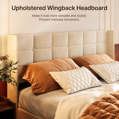 Cadre de lit coffre relevable, cadre de lit plateforme capitonné avec système de rangement hydraulique et tête de lit.