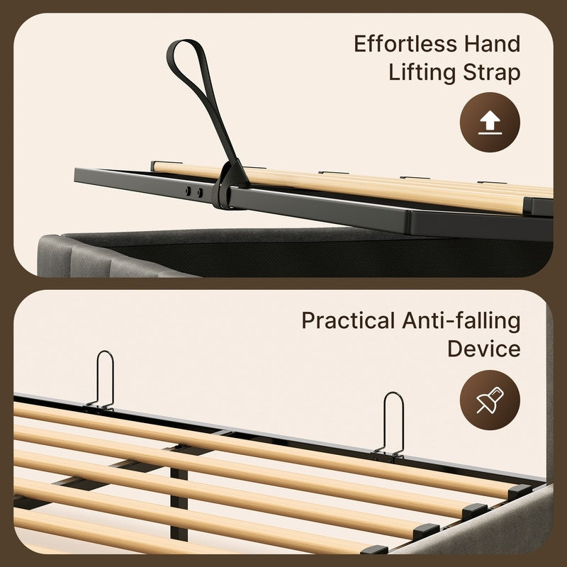 Cadre de lit coffre relevable, cadre de lit plateforme capitonné avec système de rangement hydraulique et tête de lit.
