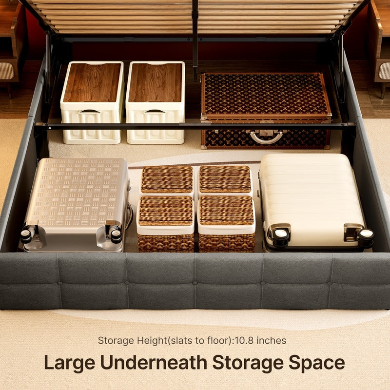 Cadre de lit coffre relevable, cadre de lit plateforme capitonné avec système de rangement hydraulique et tête de lit.