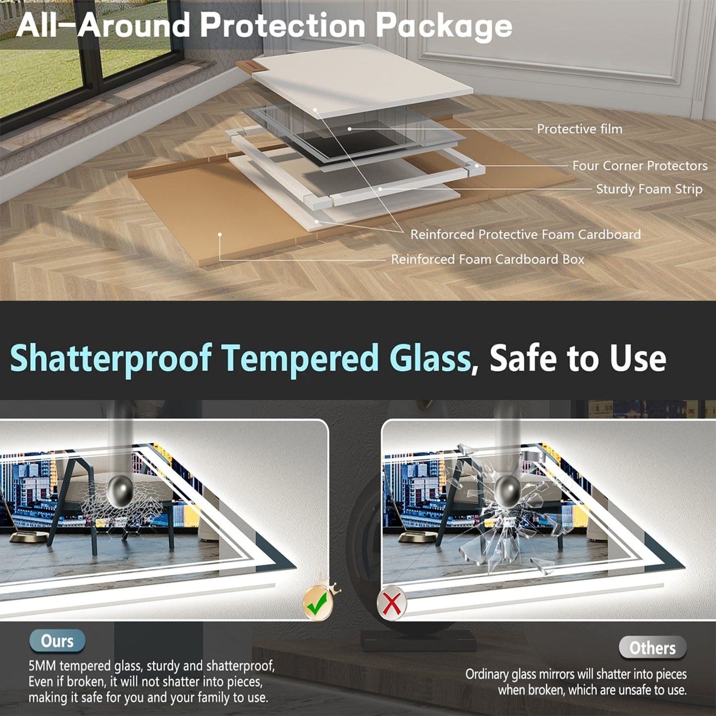 Full Size Front & Back LED Lighted Anti-fog Tempered Glass Wall Bathroom Vanity Mirror