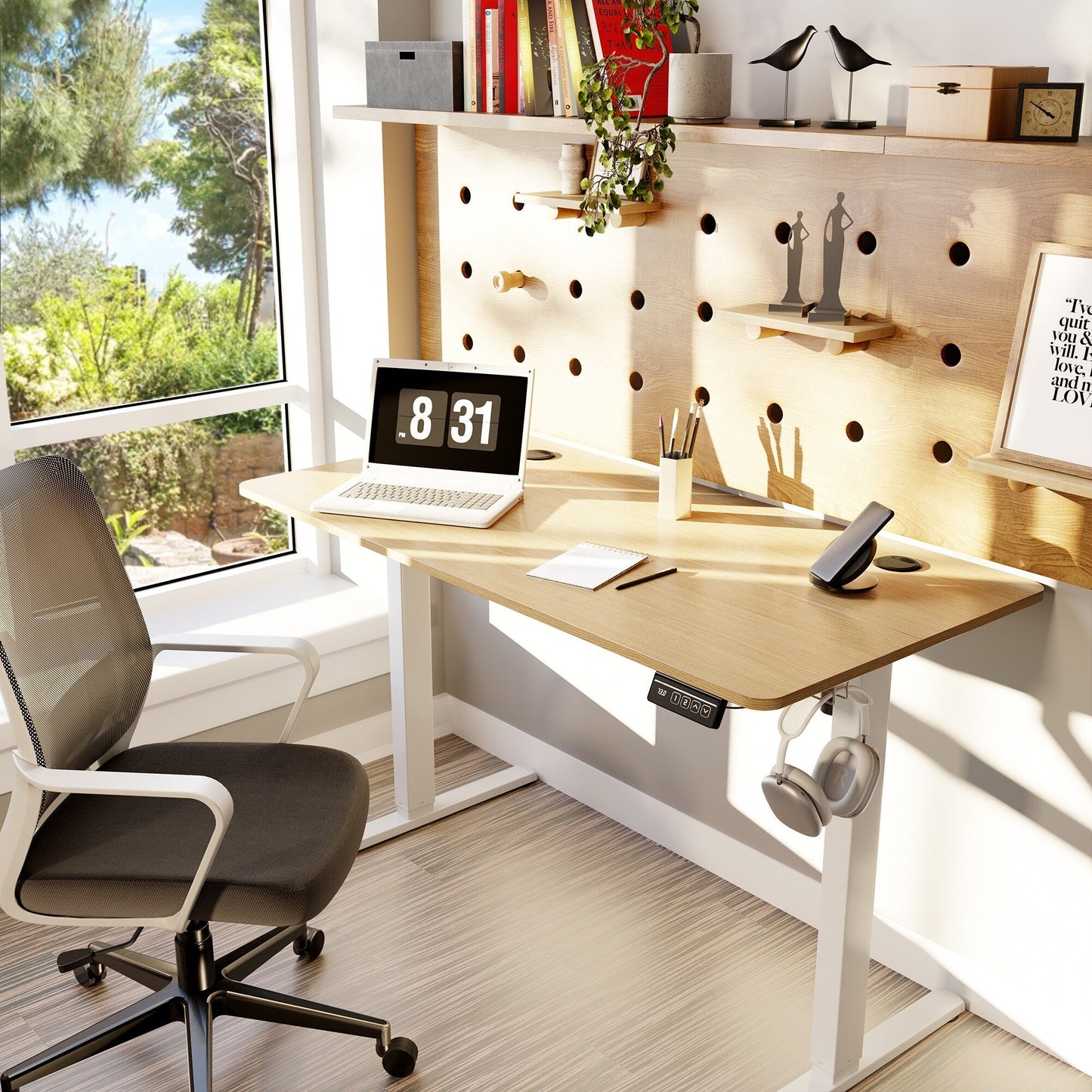 Bureau debout électrique à hauteur réglable Futzca, bureau informatique avec plateau de travail assemblé.