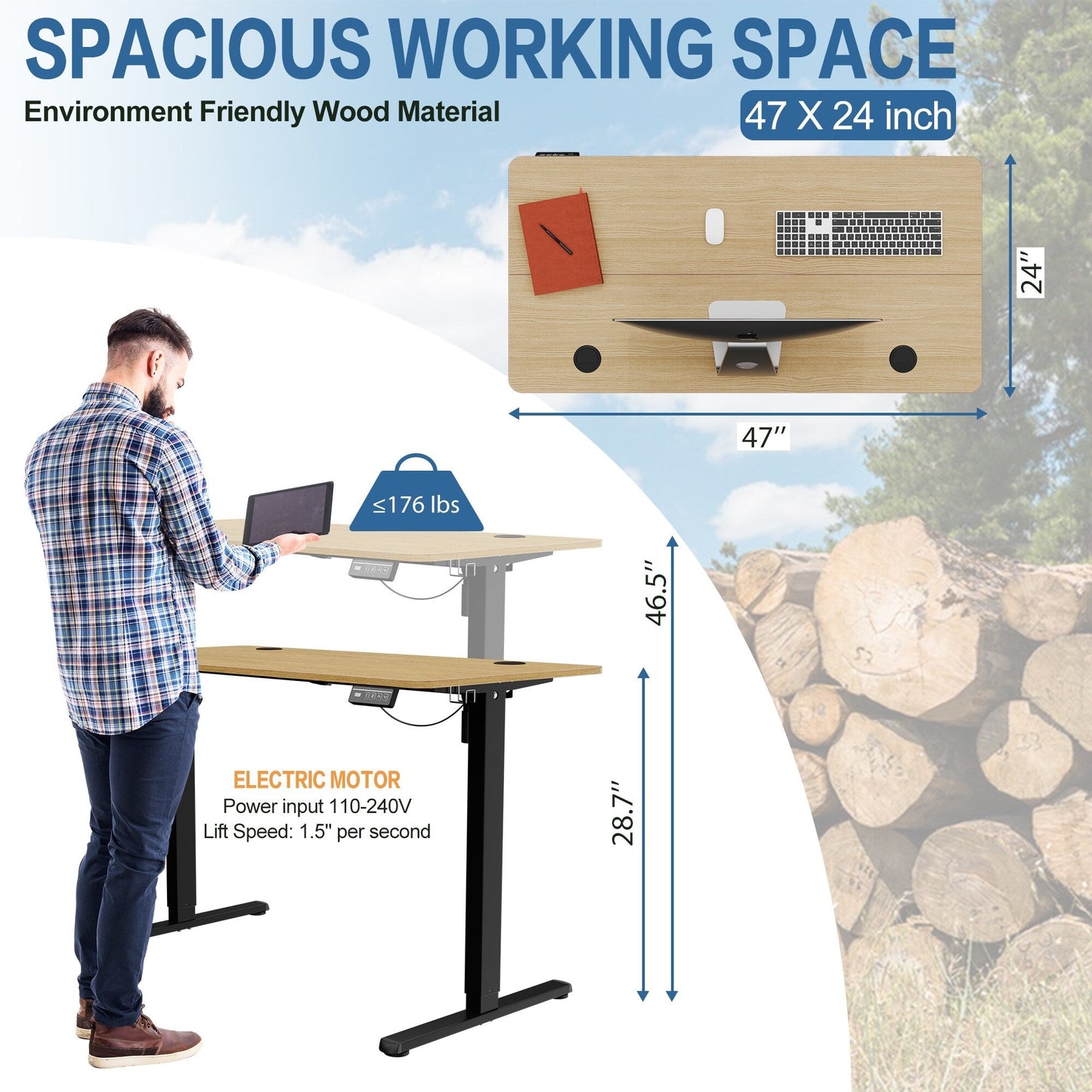 Bureau debout électrique à hauteur réglable Futzca, bureau informatique avec plateau de travail assemblé.